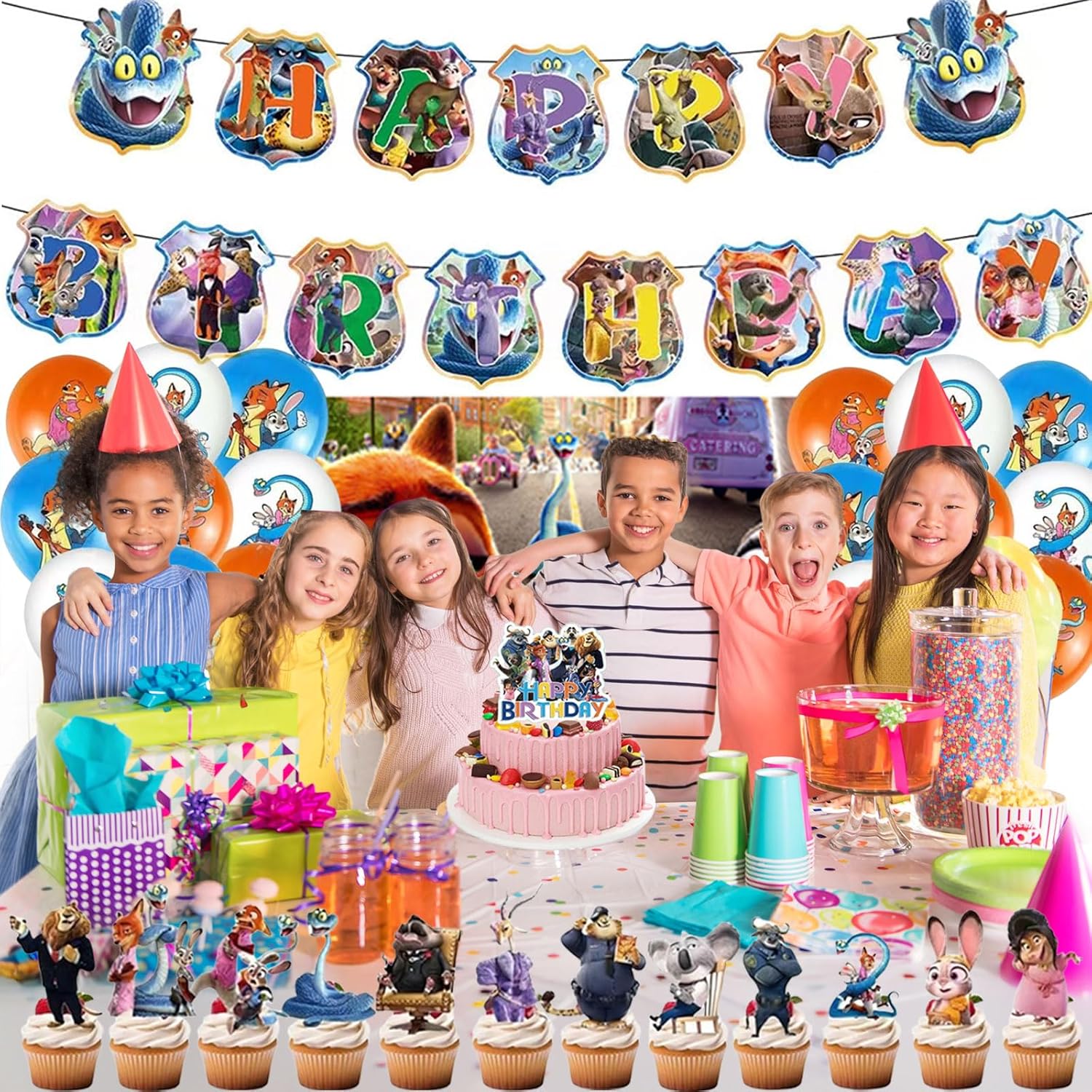 51 Pcs Cartoon Birthday Party Decorations, Cute Animals Party Decorations, Includes a “Happy Birthday” Banner, Backdrop, Hanging Decorations, Balloons, Cake Topper, and Dessert Toppers.