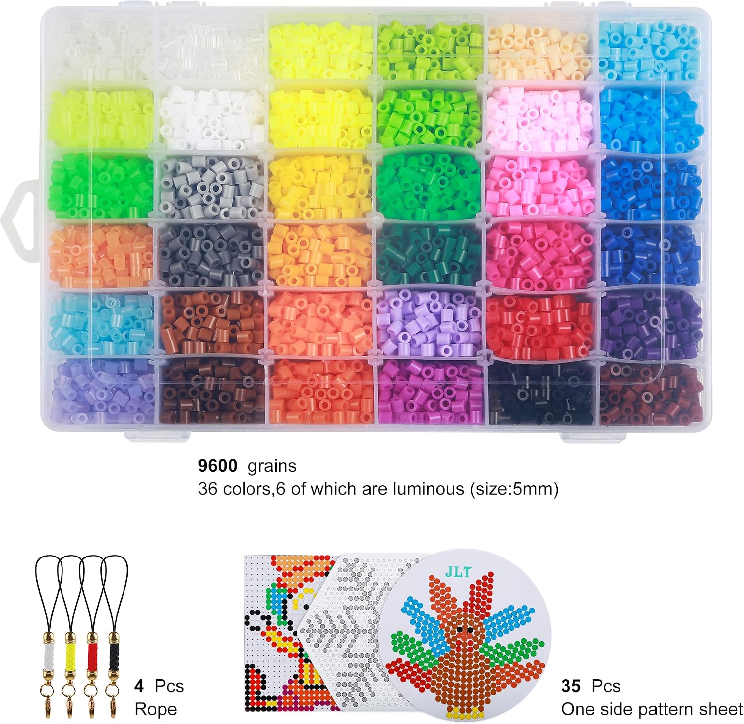 Fuse Beads Bulk - Complete Craft Package for Beading, 3D Art Projects, Comes with 9600 Assorted Beads, 10 Pegboards, 4 beadsezers, 4 Iron Beads Papers, 30 Rings, and 4 Ropes