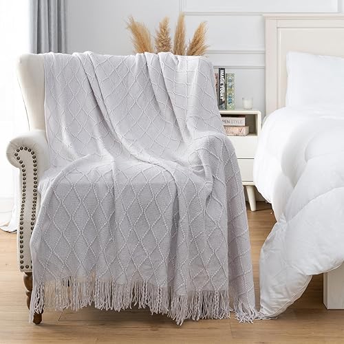 Miniatura 2 de Light Gray Knitted Throw Blanket for Couch, Soft Lightweight Decorative Acrylic Boho Bed Throw Blankets, Farmhouse Warm Woven Blanket with Tassel