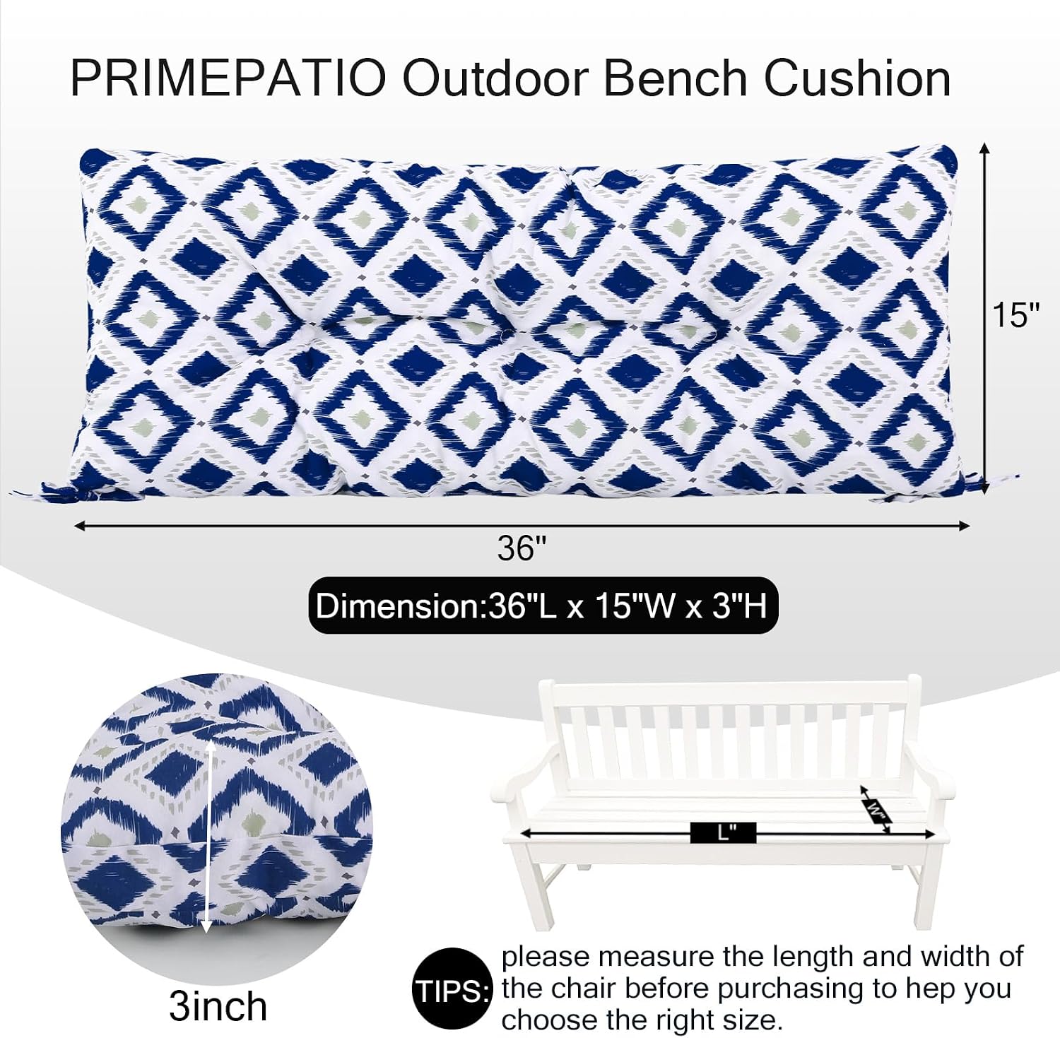Outdoor Bench Cushion Waterproof, Tufted Bench Seat Cushion 36 x 15 Inch, Patio Wicker Indoor Seat Pads for Outside Garden Patio Balcony