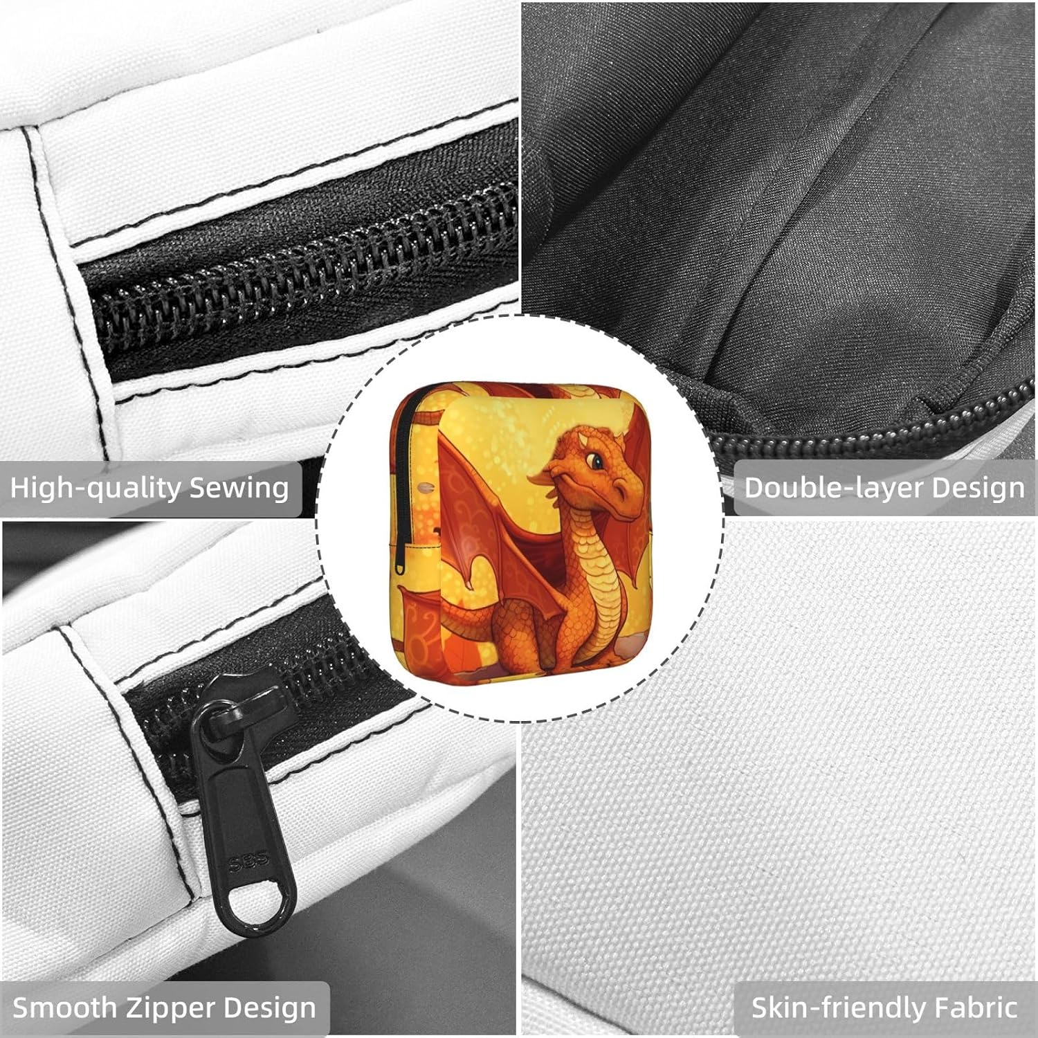 Period Bag Pouch for Women,Sanitary Napkin Storage Bag Portable Period Pad Pouch Small Make Up Bags Orange Cartoon Dragon Tampon Holder For Purse Travel Daily Use image 4