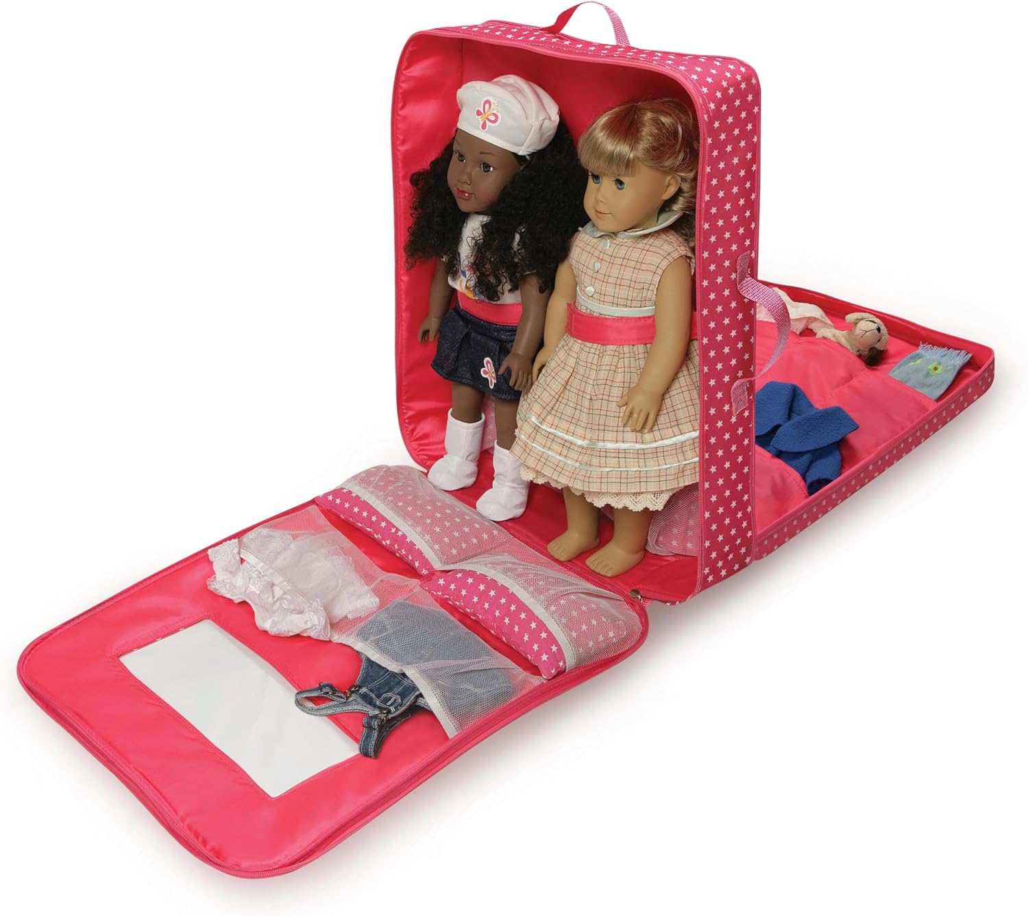 Badger Basket Double Trolley Doll Carrier with Two Sleeping Bags and Pillows – Perfect for 18-Inch Dolls in Pink Star Design