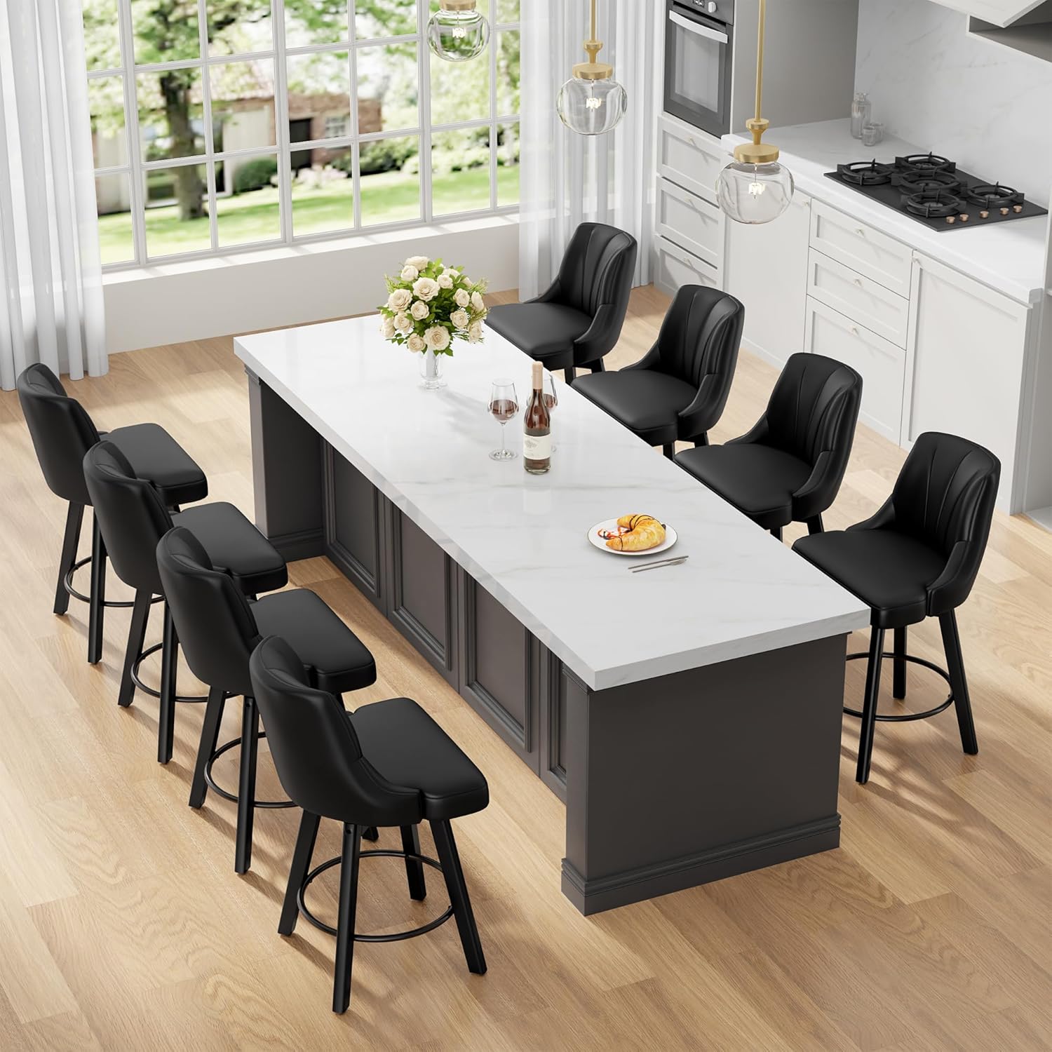 Counter Height Swivel Bar Stool, 24inch Upholstered PU Leather Barstools Set of 4, Counter Stool Chair with Back & Solid Wood Legs for Kitchen Island Dining Room (Black)