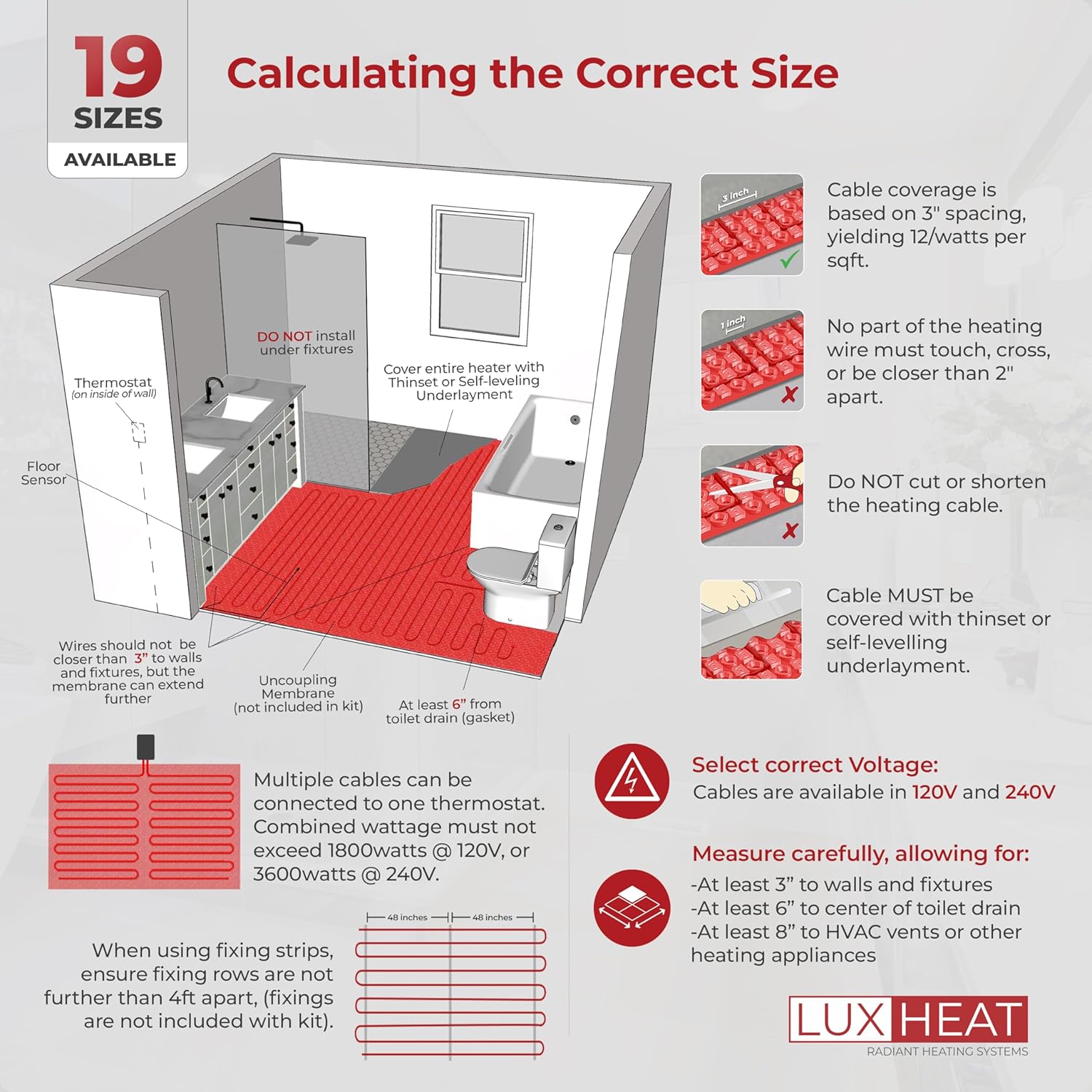 LuxHeat 50sqft Floor Heating Cable Kit - 120v Floor Heating System Under Tile, Vinyl, Laminate - Heated Flooring System Includes UDG Programmable Thermostat w/GFCI, Cable, Alarm & Flooring Sensor
