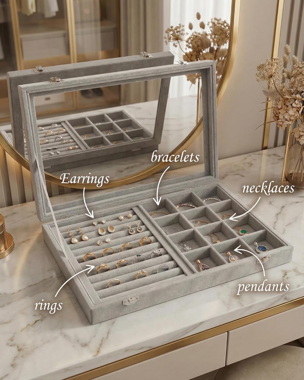 Jewelry Tray with Glass Lid,13.8" x 9.5" x 2" Velvet Jewelry Organizer Box, Adjustable Earring Storage Organizer, Drawer Ring Organizer, Gift for Women Girls (Gray)