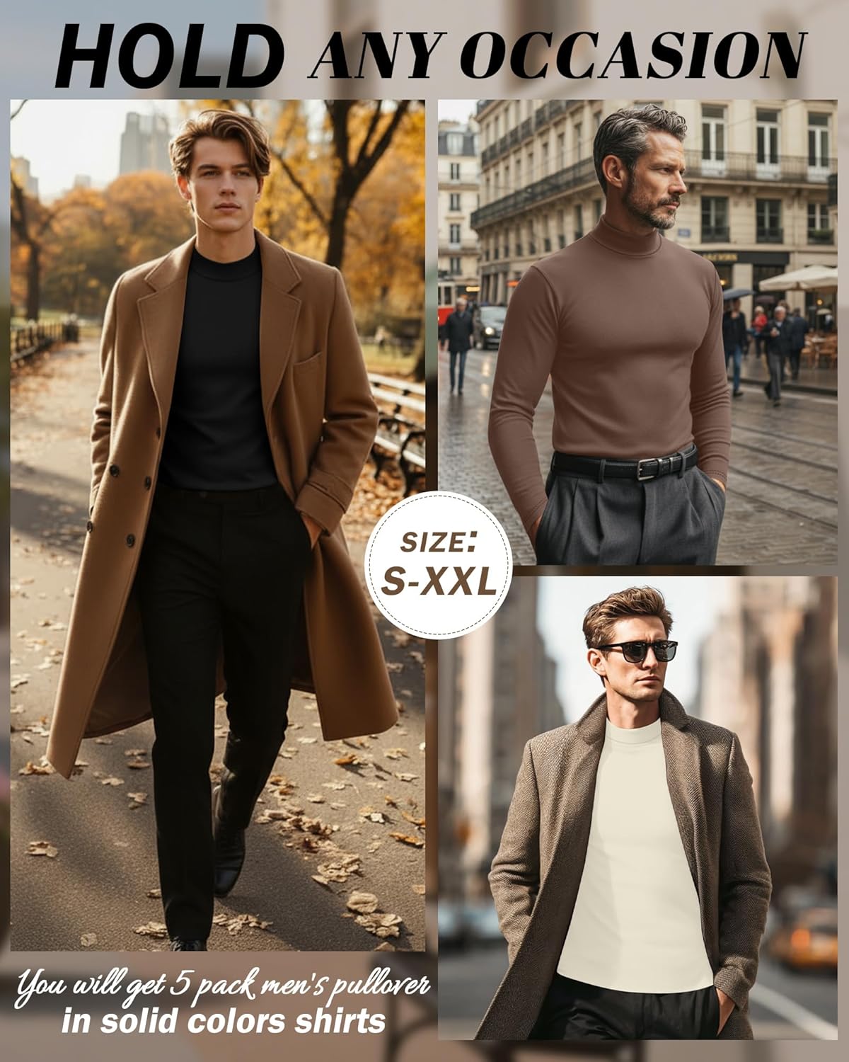5 Pack Men's Mock Turtleneck Shirts, Long Sleeve Tops Pullover Basic Casual Slim Fit Lightweight T-Shirts Pack - Image 3
