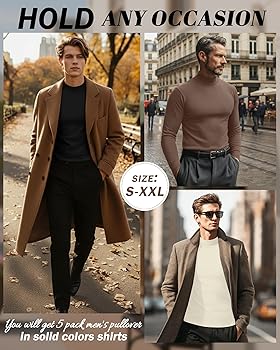 August Alley 5 Pack Men's Mock Turtleneck Shirts, Long Sleeve Tops