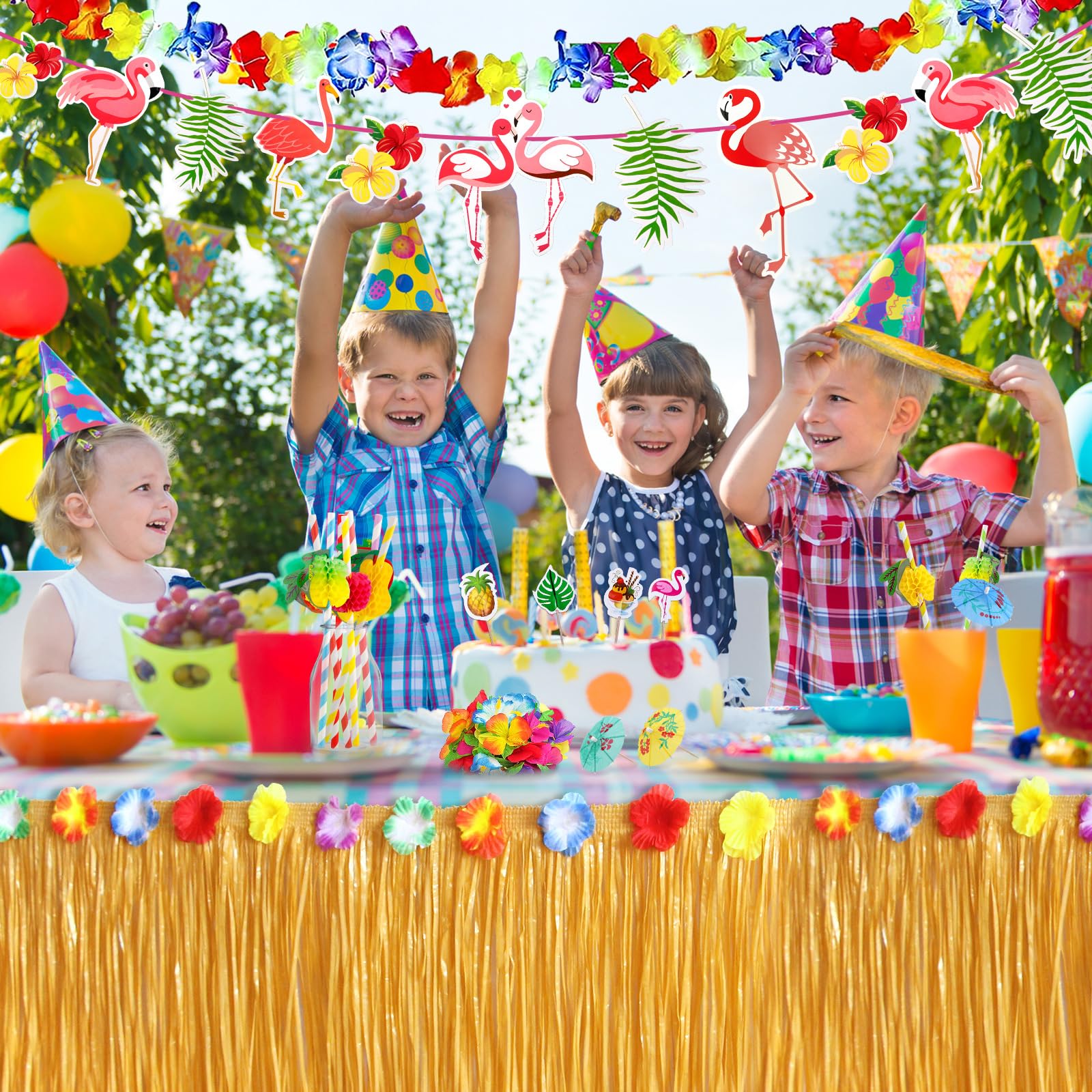 112 Pezzi Gonna Tavolo Hawaiana Tovaglia da Tavolo Set, Decorazioni Festa Hawaiana, Stendardo, Fiori, Foglie di Palma Artificiali, Forchette per Torta e Cannucce per Feste a Tema Hawaiano