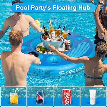 COOLWAVE Floating Pool Bar, 4FT Heavy-Duty Inflatable Floating Cooler with Built-in Drink Holders and Mesh Bottom, Floating Party Table with Pump Great for Pool, Lake, River, 300LBS Capacity