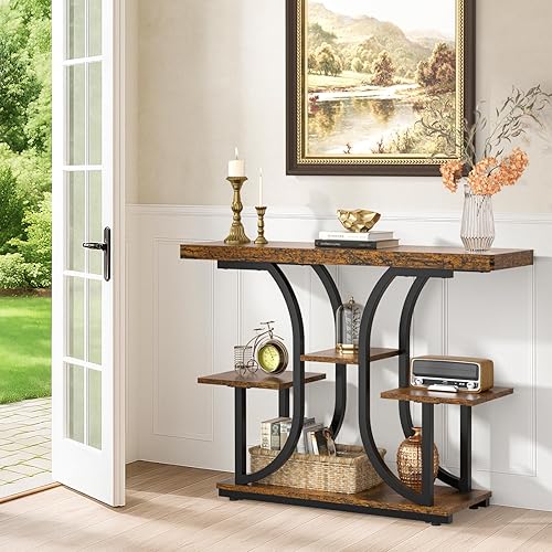 Miniatura 4 de ikkle Mesa de consola de 42.5 pulgadas, mesa industrial de 4 niveles para sofá con base curva, mesas decorativas de madera estrechas con estantes de