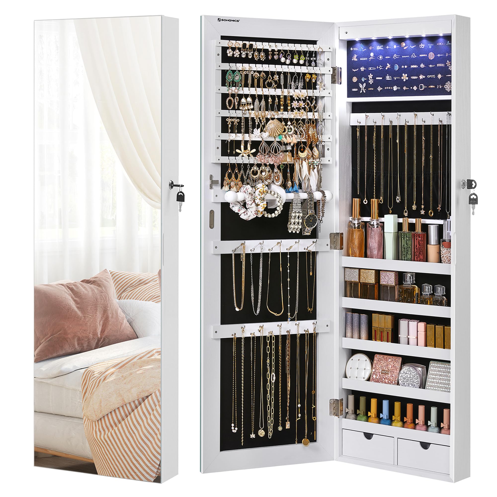 SONGMICS Espejo Joyero de Pared, Espejo Joyero Colgante sin Marco, Armario de Joyas con 6 LEDs para Colgar en la Pared o en la Puerta, Gran Capacidad con 2 Cajones, Blanco JJC99WT