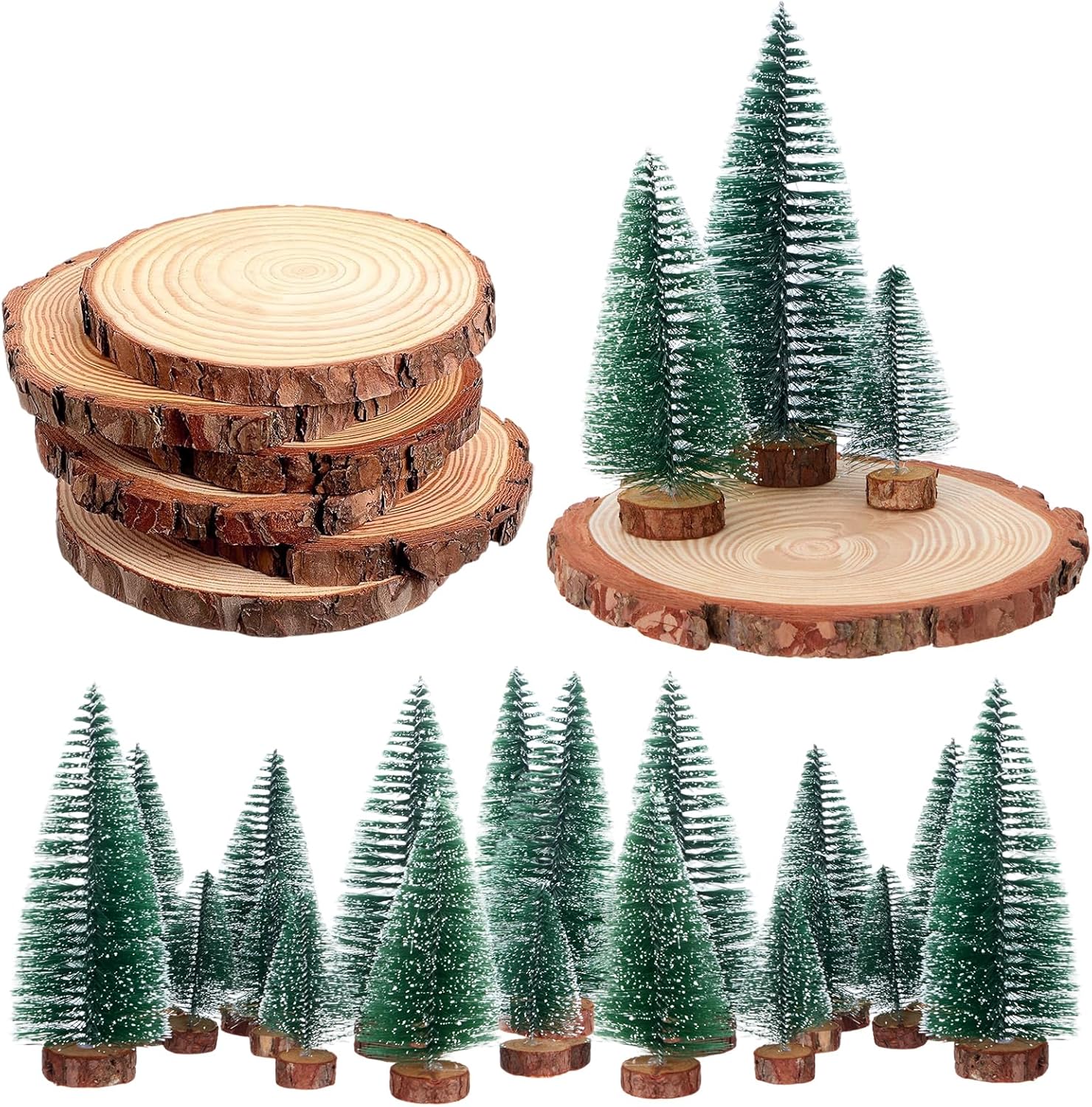 AceOrbit 24pcs Bottle Brush Trees in 3 Size 18 Woodland Table Decor with 6 Unfinished Round Wood Slices Wedding Centerpiece for Farmhouse DIY Crafts