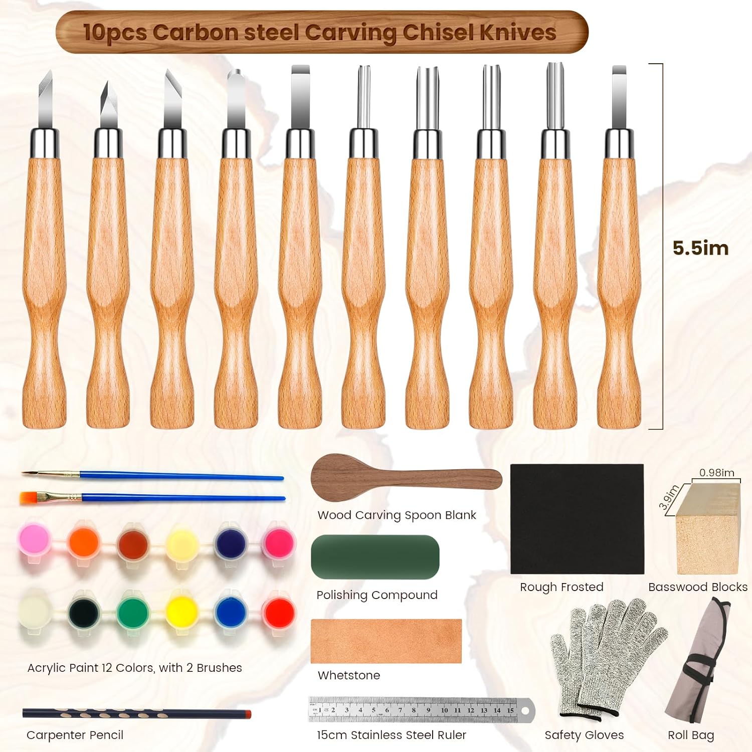 38 in-1 Wood Carving Kit, Wood Carving Tools with 13PCS Whittling Knife & Paint Set & Carpenter's Pencil & Basswood Blocks Etc, Wood Carving Kit for Beginners