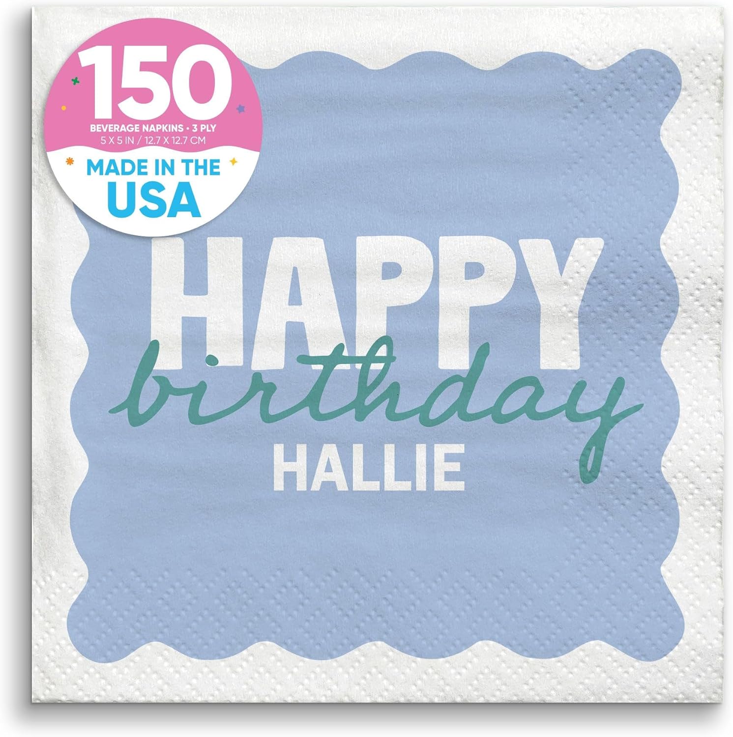Big Dot of Happiness Personalized Blue and Teal Wavy Birthday Napkins, Retro Happy Birthday Party Decor, White 3-Ply Paper Custom Name Beverage Cocktail Napkins - 150 Count
