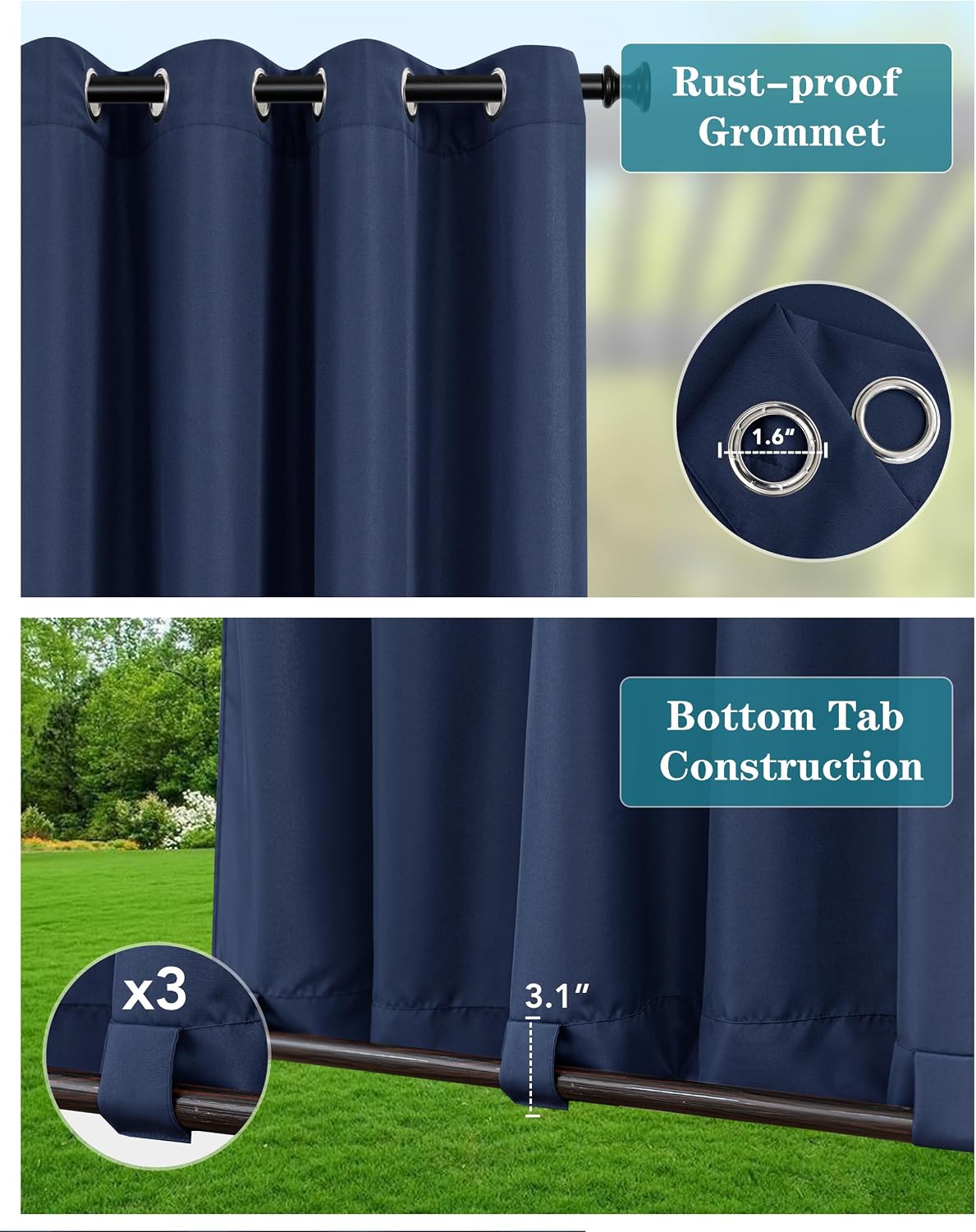 holidayideas gazebo curtains outdoor waterproof 4 panels 54x84 inch-windproof weatherproof privacy navy outside curtains-grommet top and tab bottom drape for patio, porch, pergola, cabana, backyard navy 54"w x 84"l (pack of 4)