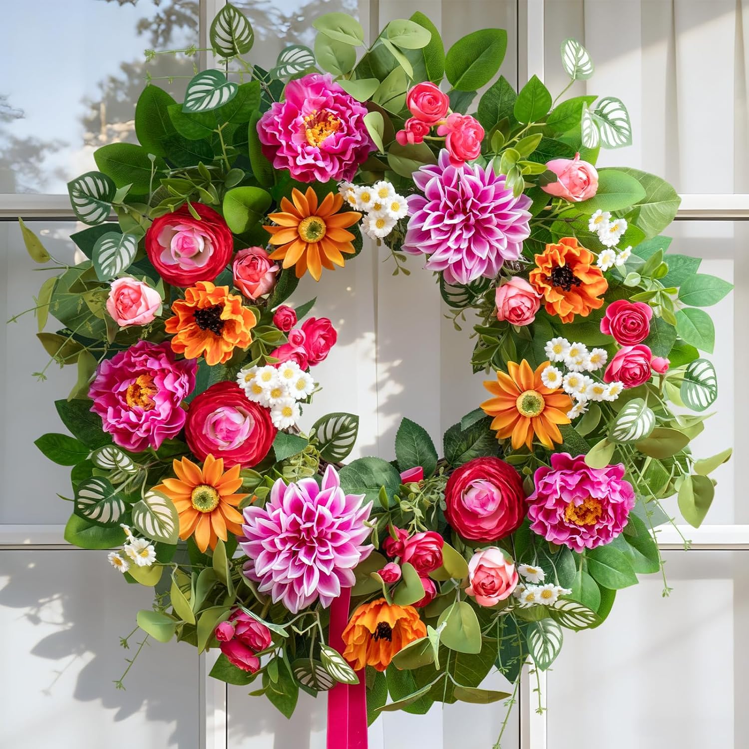 Spring Summer Wreaths for Front Door 24 Inch with Dahlia, Peony & Daisy Spring Wreaths for Front Door Outside Summer Door Wreath for Entryway, Porch & Home Décor Outdoor Summer Wreath