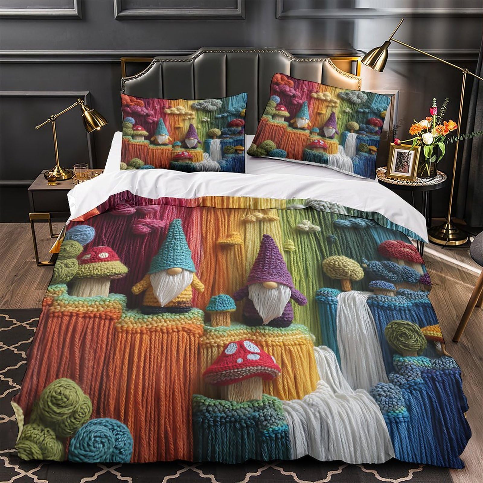 MMDASBVPE Rainbow Gnomes Duvet Cover 3D Print Durable 3 Pcs Bed Linen Hidden Zipper knitted Whimsical Decor Comforter Cover Premium Breathable for Kids Adults Women Teens Youth Girls King（220x240cm）