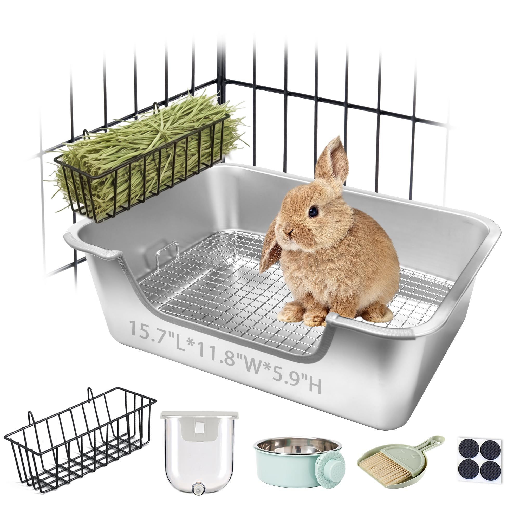 Kaninchentoilette aus Edelstahl mit Heufutterstation Set für