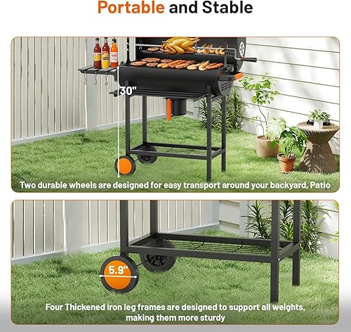 Miniatura 9 de KEYO GRILL Parrilla de carbón de barril de 29 pulgadas, parrilla de barbacoa resistente con tenedor manual para carne, colector de cenizas