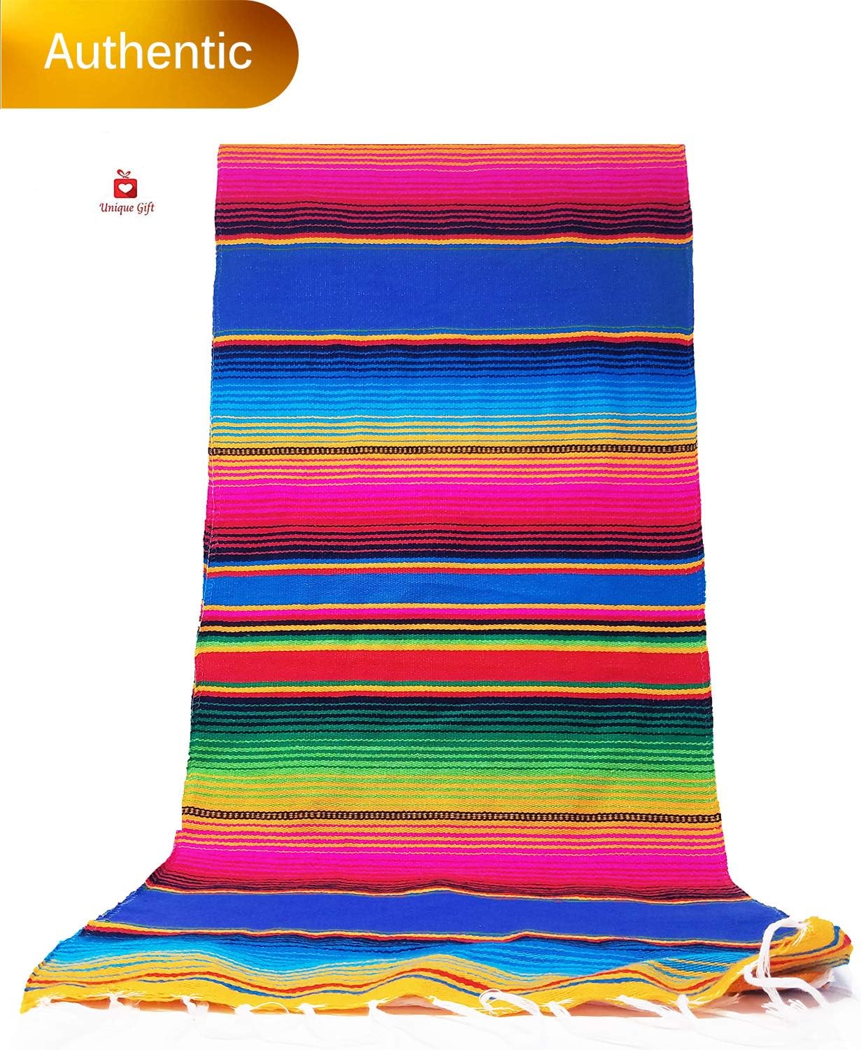 New | Alondra's Imports (84" x 15") Elegantly Handwoven, Genuine Serape Table Runner (Mexican Table Runner, Fiesta Table Runner, Mexican Blanket, Zarape, Serape) (Golden Pink Diamond Blue)