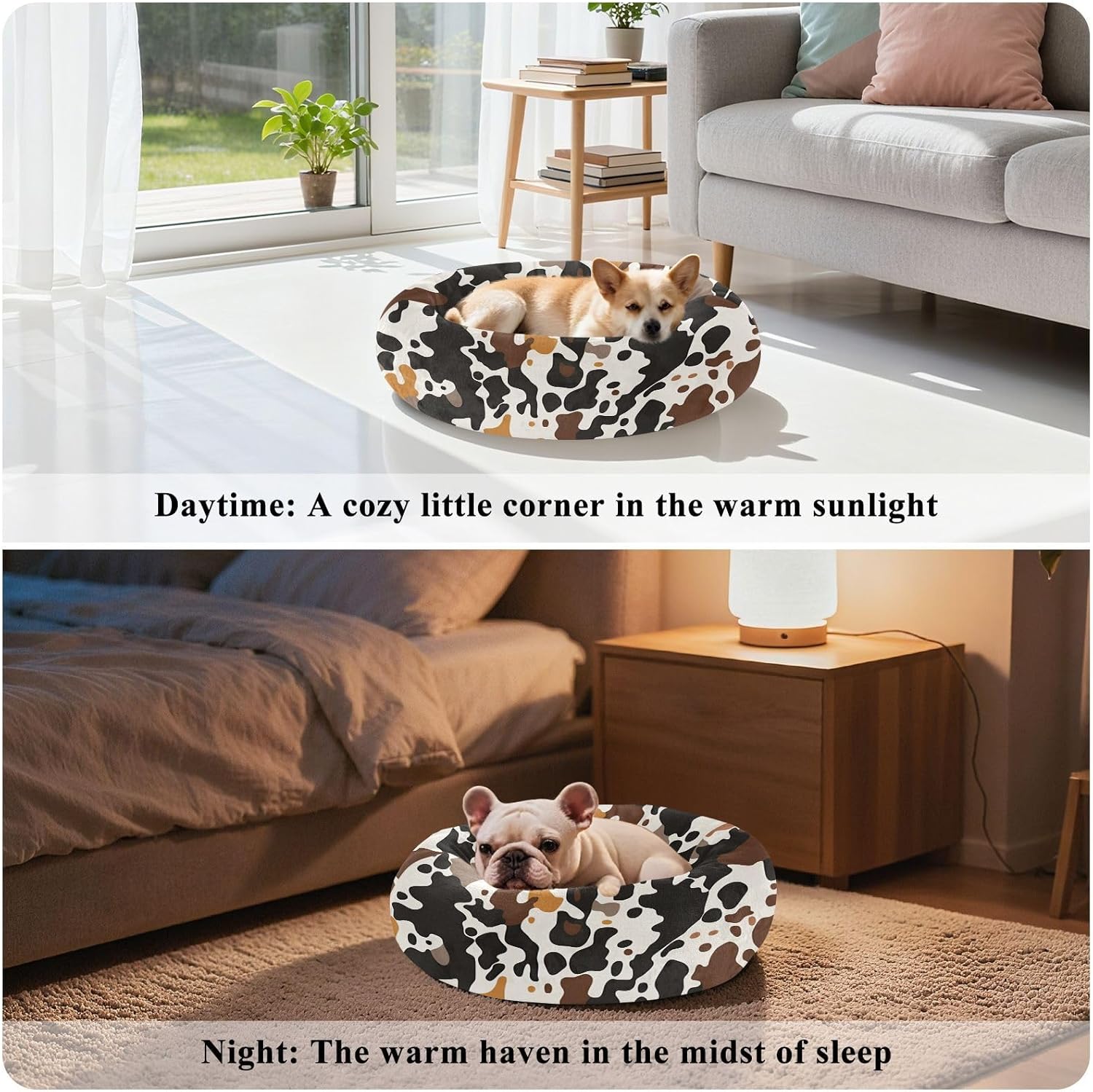 Dog Bed Ultra Soft Fluffy Comfortable Cat Bed, Cow Skin Texture Washable Dog Beds Anti-Slip Round Pet Beds for Medium Dogs