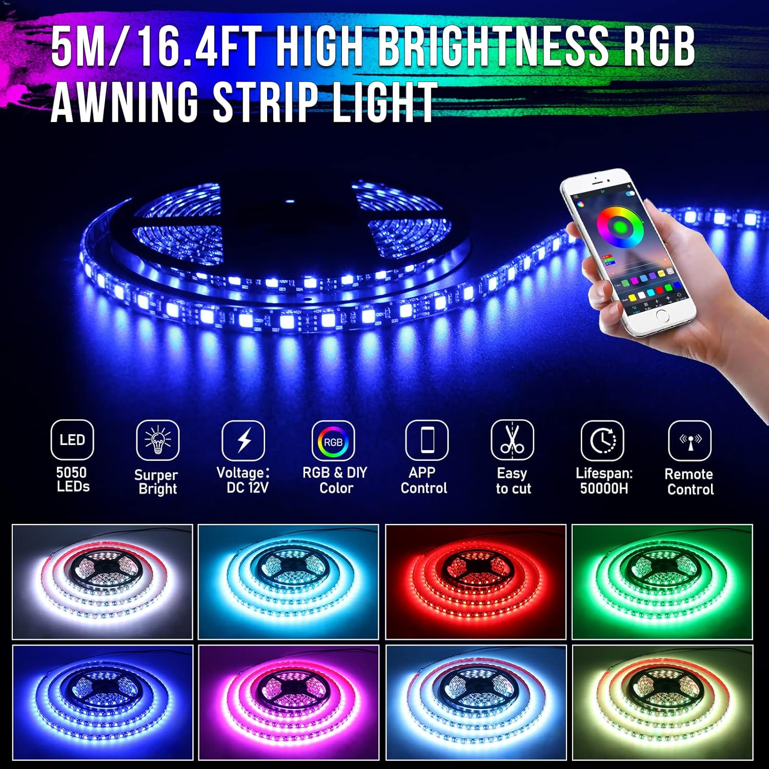 TIPHOPE RV Led Awning 16.4FT RGB Dimmable Color Changing RV Camper Led Awning Strip Light with APP/Remote Control,Waterproof 12V RV Exterior Atmosphere Led Light Sync with Music,for RV Camper Trailer : Automotive