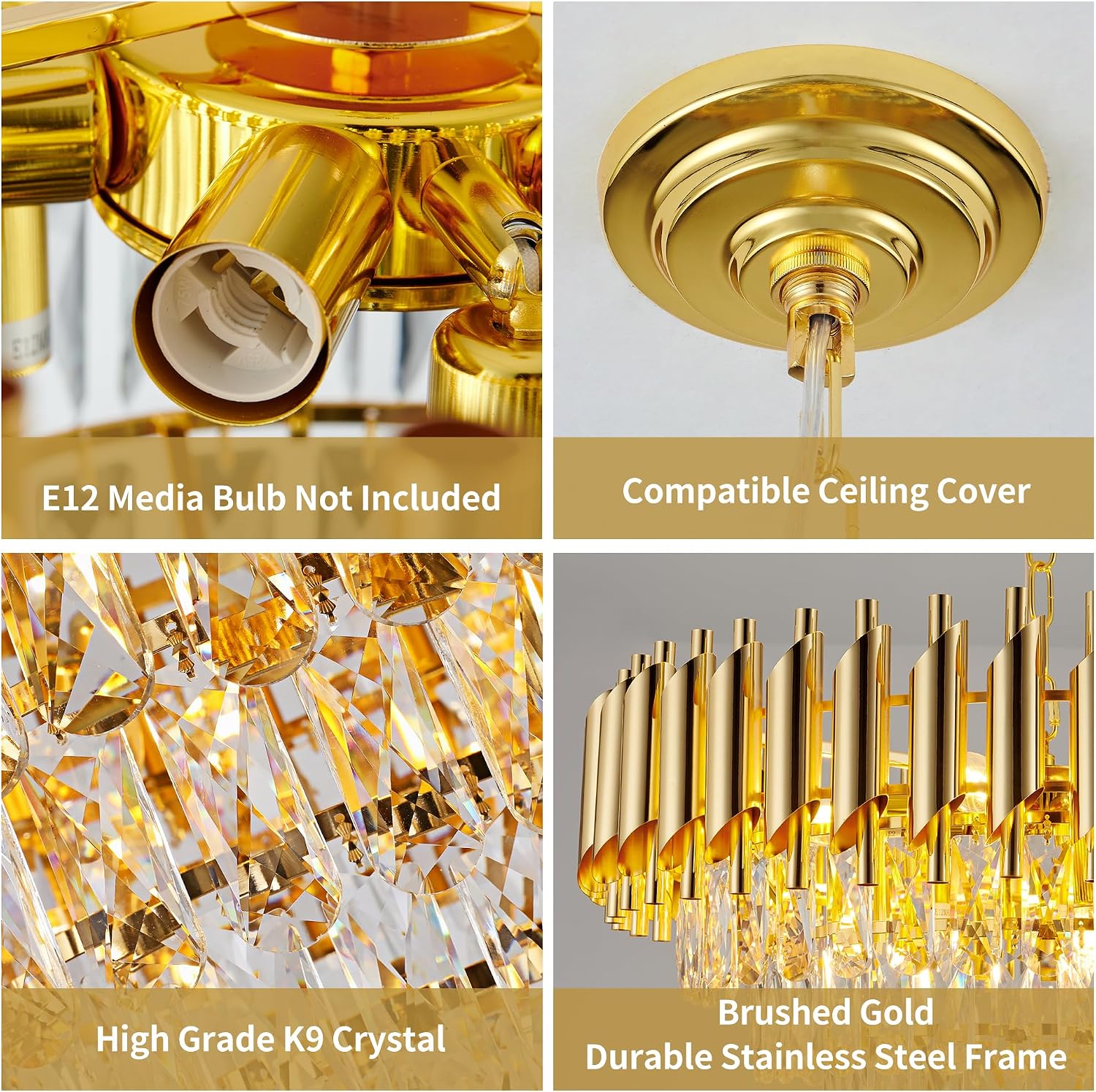 Modern Round Crystal Chandelier, Luxury Gold Chandelier for Dining Room 4-Light, 15” Crystal Pendant Light for Kitchen Island, Living Room, Foyer, Over Dining Table, Bedroom