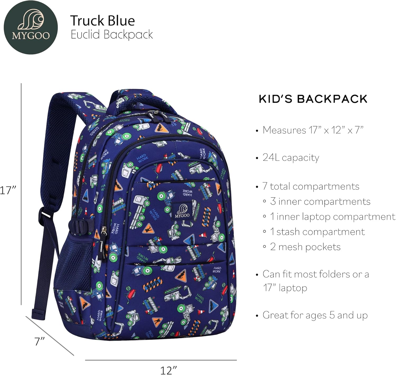 Boys Educational Backpack | Euclid Collection School Bookbag | 17 inch Height 24L | Truck Blue - Image 3