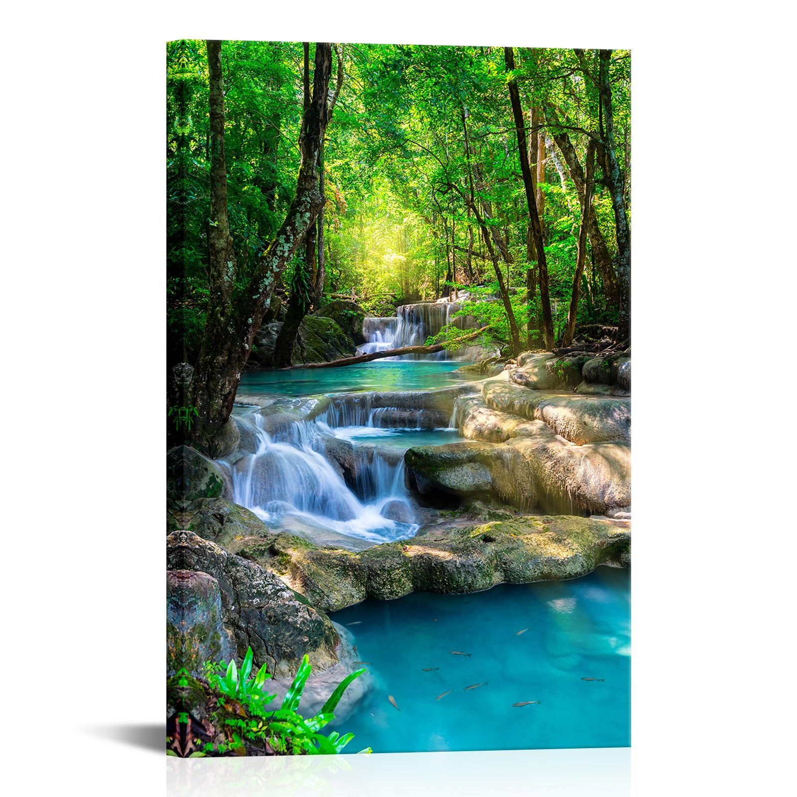 iKNOW FOTO 16x24 Single Piece Canvas Wall Art Nature Landscape Pictures Green Forest Waterfall Poster Canvas Prints Framed Artwork Spa Bathroom Bathroom Room Decor