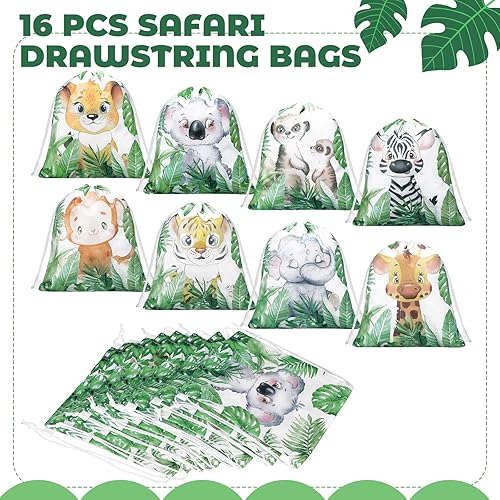 Miniatura 4 de Paquete de 16 bolsas de golosinas de safari para niños, bolsas con cordón para niños, lindos animales de la selva, bolsas de regalos de safari,