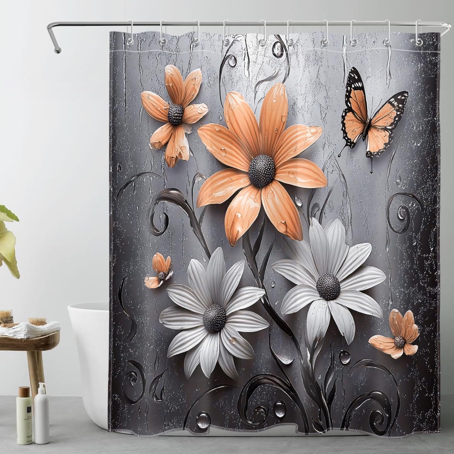 LB Green Floral Shower Curtain for Bathroom, Plant Black and Green Abstract Flower and Nature Butterfly Fabric Shower Curtain with Hooks,Black and Grey Bathroom Curtain Shower Set, 72" W x 78" L