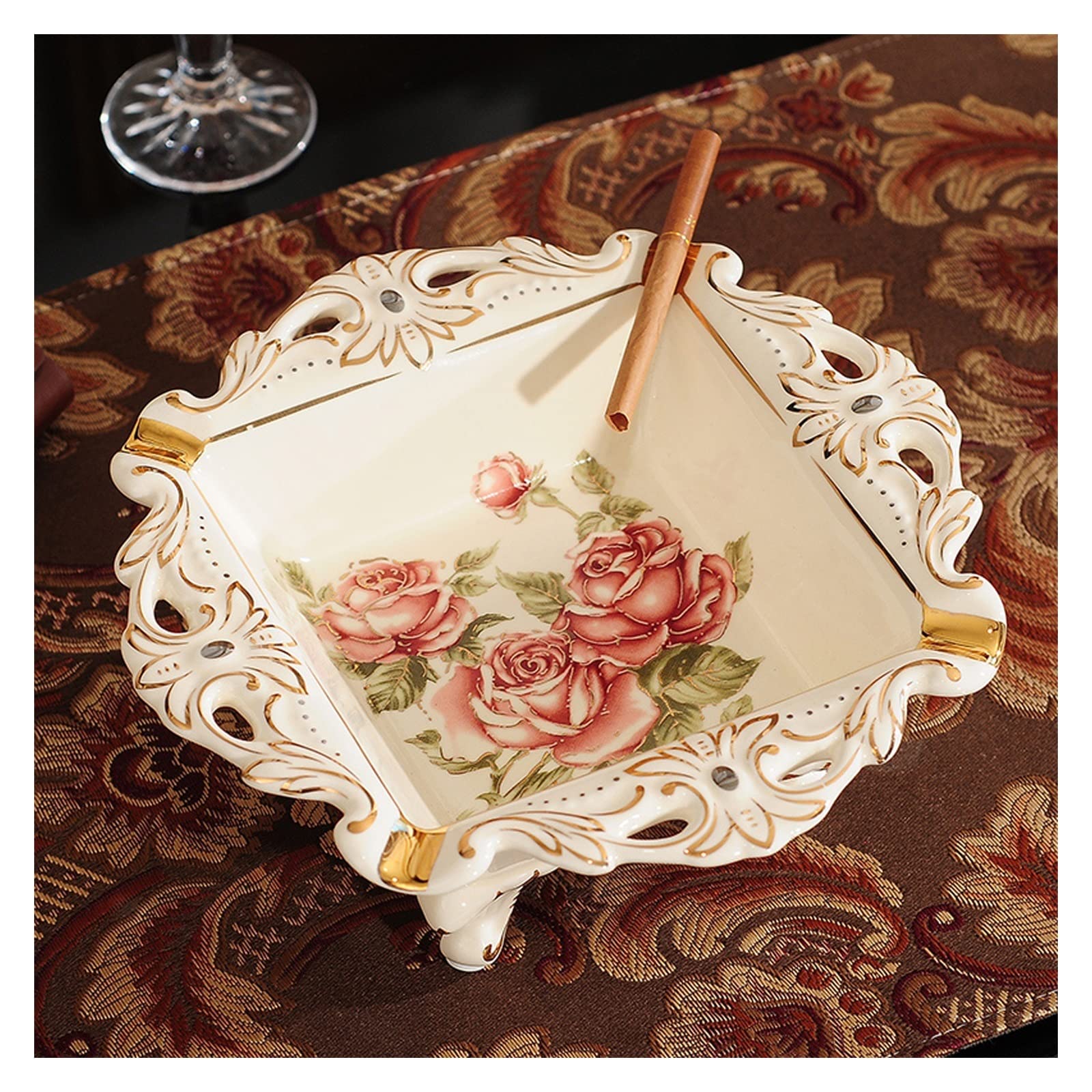 Sdgeryeeg Onecolor Ashtray， High-End Vintage Square Ceramic Ash Tray, Luxury Carved Edge Decorative Large Cigar Living Room Coffee