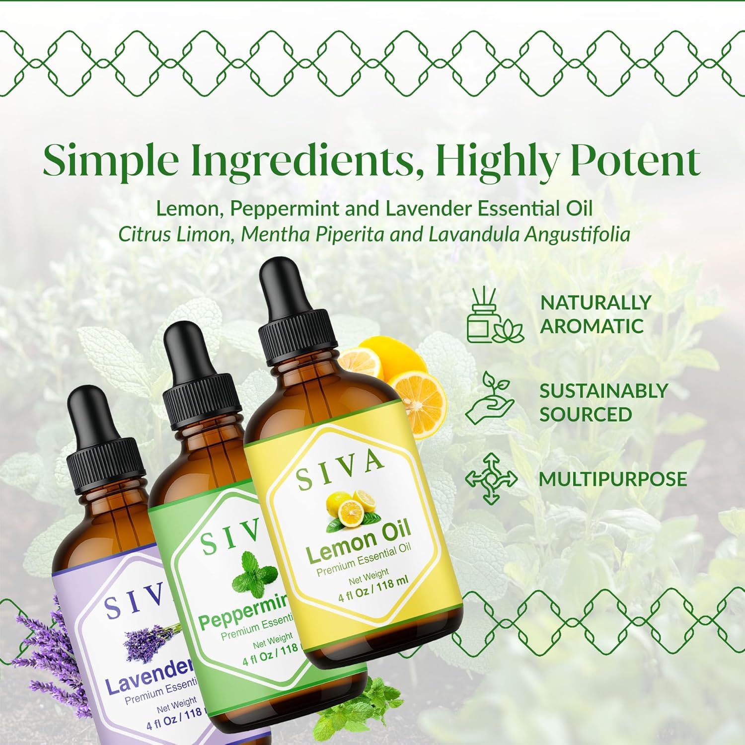 Siva Lemon, Peppermint and Lavender Essential Oil 4oz Bundle Super Saver Combo – Premium Grade Value Set for Aromatherapy, Skincare and Haircare