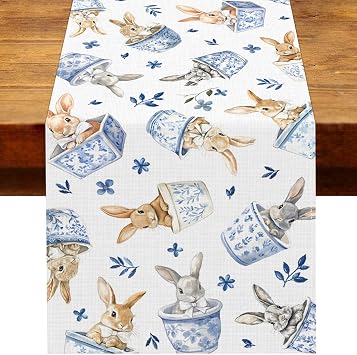 Chinoiserie Easter Bunny Table Runner Toile Porcelain Rabbit Spring Party Decoration Home Kitchen Dining Room Table Decor