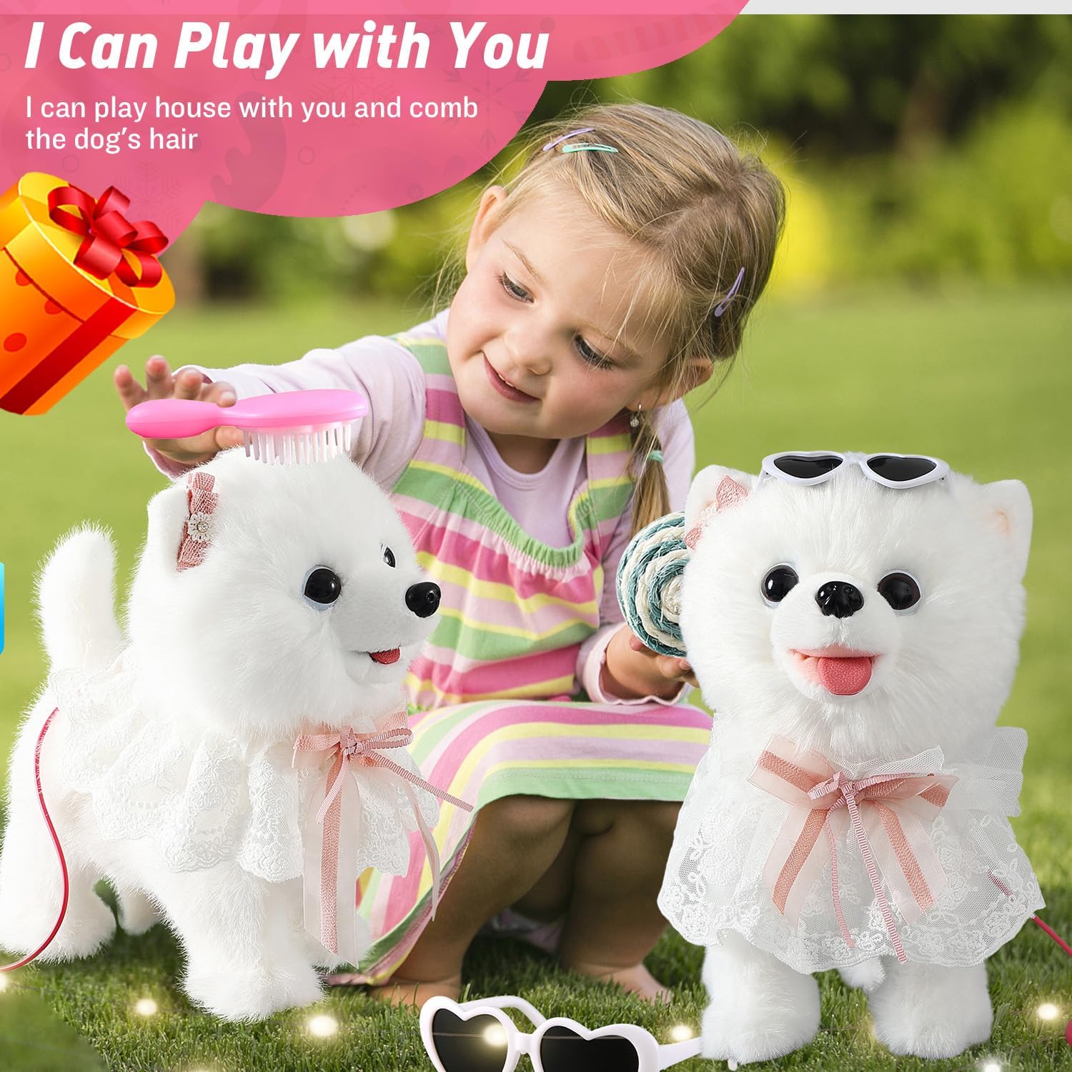 Walking Barking Singing Samoyed Puppy Toy, Repeats What You Say, Realistic Licking Tongue Wagging Tail Mechanical Dog with Touch or Voice Control, Interactive Music Dancing Plush Pet for Kids