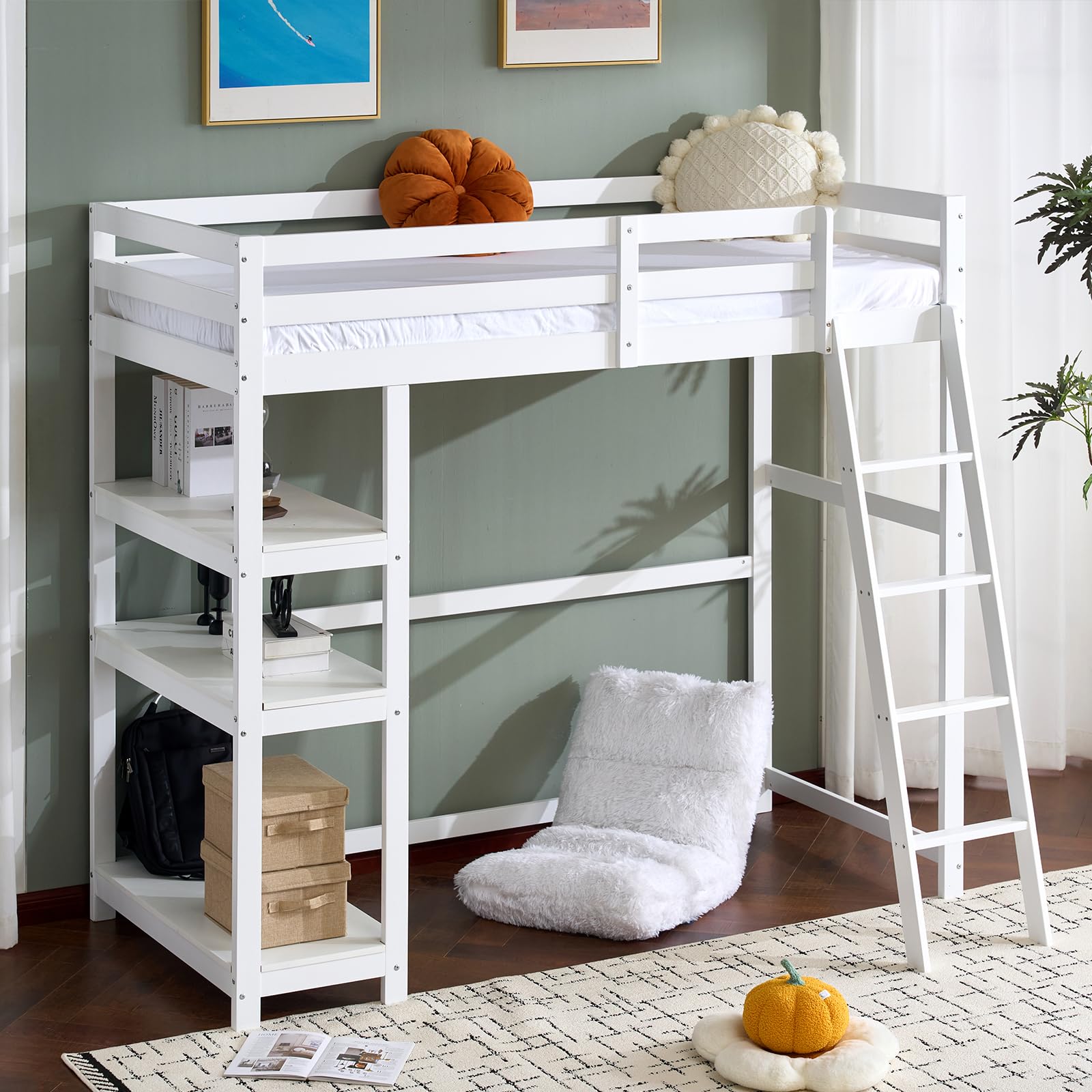 VINGLI Hochbett 90x200 cm, stabiles Kinderbett aus Kiefernholz mit Rausfallschutz und Treppe, 2-in-1 Jugendbett mit 3-stöckigem Regal, Weiß