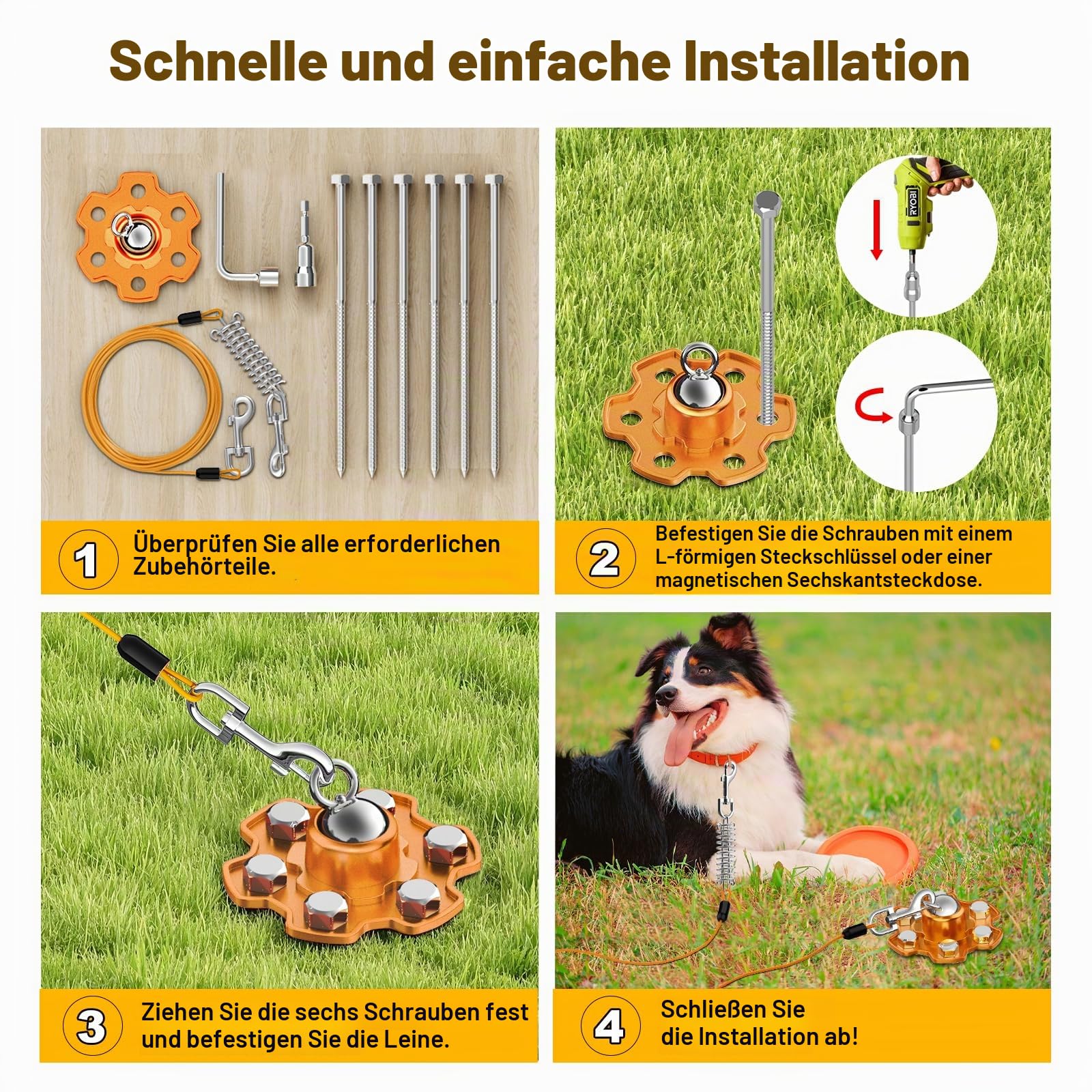 Anlegepflöcke für Hunde und Kabel, 360° Schwenkbar HundPfähle, Heavy Duty Hundehof Leine Pfahl mit 20 ft Hund Tie Out Kabel, Hund Läufer 180 lbs Zugkraft für Draußen Camping Hof, Orange