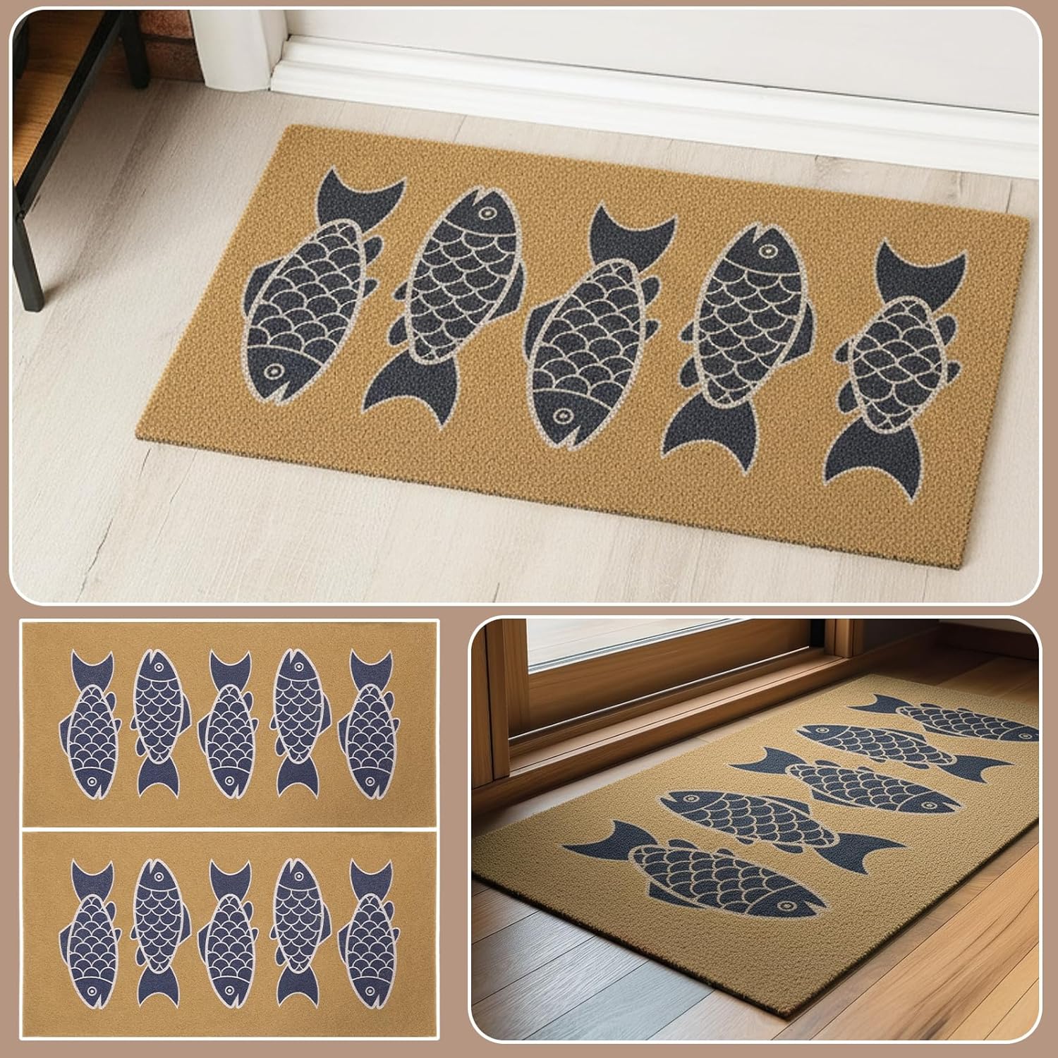 Breling 16 x 32 Inches Fish Coir Door Mat Artificial Coir Coastal Doormat with Fish Patterns Welcome Outdoor Mat for Summer Beach House Front Door Porch Entryway Outdoor Decor