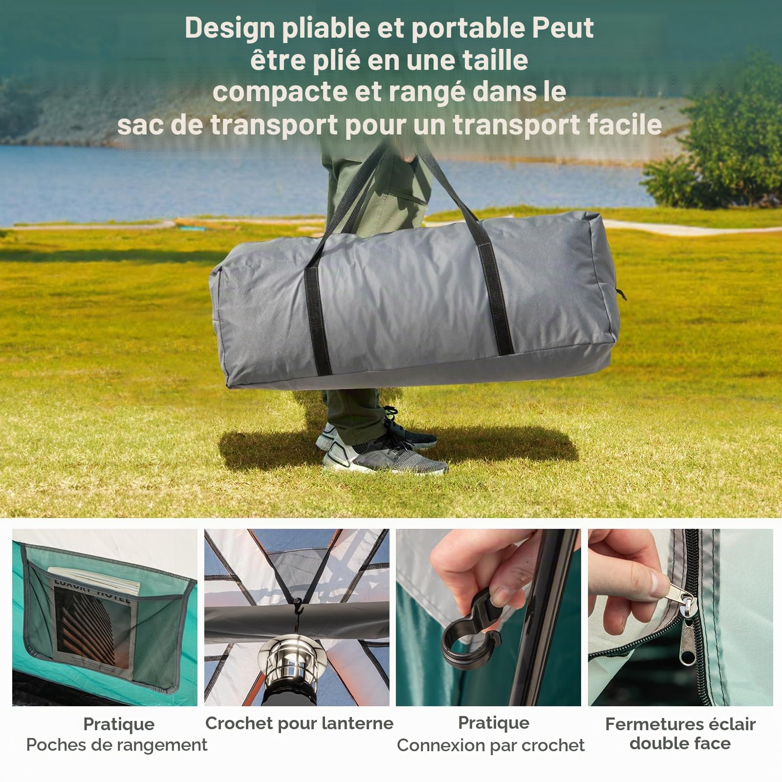 FANTASK Tente de Camping pour 4 à 6 Personnes, Grande Tente Tunnel avec Sac de Transport, Tente avec auvent et cloison 2 pièces, imperméable, Bleu
