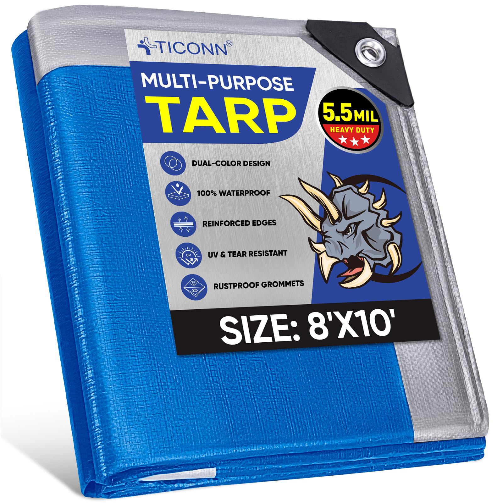 Photo 1 of TICONN Heavy Duty Tarp Cover, Extra Thick Tarps Waterproof Tear and Rip Proof UV Resistant Tarpaulin with Reinforced Grommets and Edges (5.5 Mil, 8'x10')