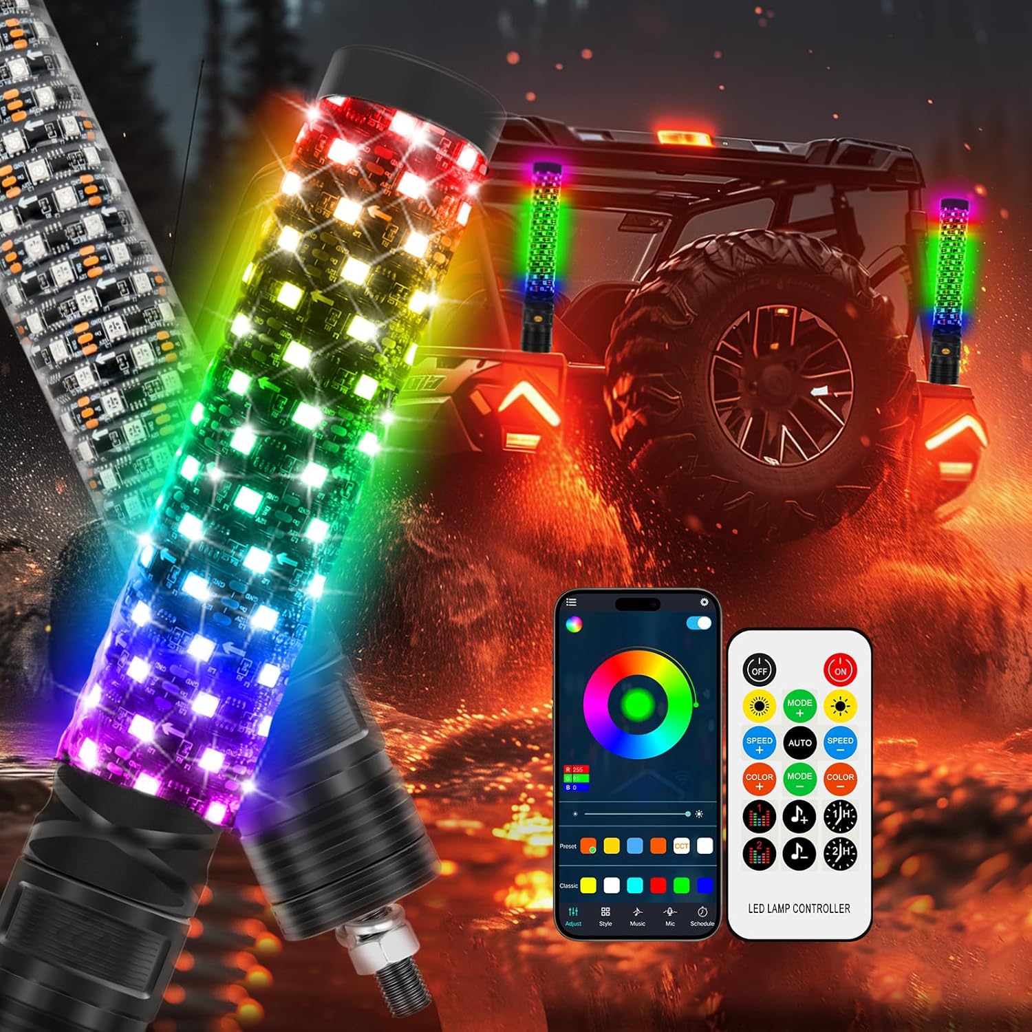 2PCS 1FT RGB LED Whip Lights, Spiral LED Whip Antenna with Remote & APP Control, IP68 Waterproof Safety Light for UTV ATV Polaris RZR Can-Am X4 X3 Offroad Truck (1ft)
