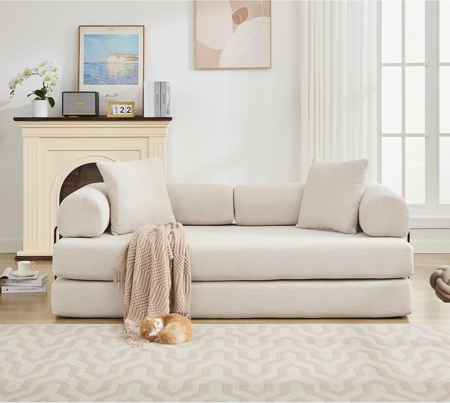 78.5" King Size Folding Sofa Bed, 4-in-1 Convertible Sleeper Sofa Bed, 3-Seater Corduroy Sectional Couch for Living Room, Apartment, Bedroom, DIY Modular Design (Beige, King)