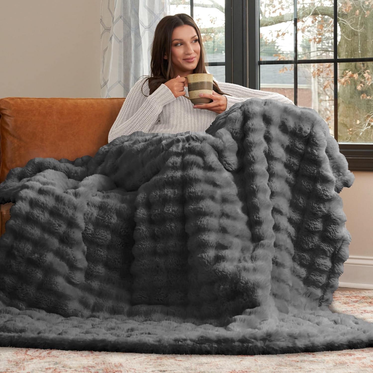 Northwest Lava Smoke Serenade Textured Faux Fur Throw Blanket, Cozy Bliss Fur Throw for Big Couch, Comfy Blankets for Bed, 50 x 70 Inches