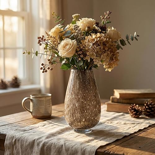 Miniatura 3 de Jarrón moderno orgánico Pequeño jarrón de vidrio marrón hecho a mano, 7 pulgadas, condimento marrón, decoración de mesa de vestíbulo, perfil bajo,