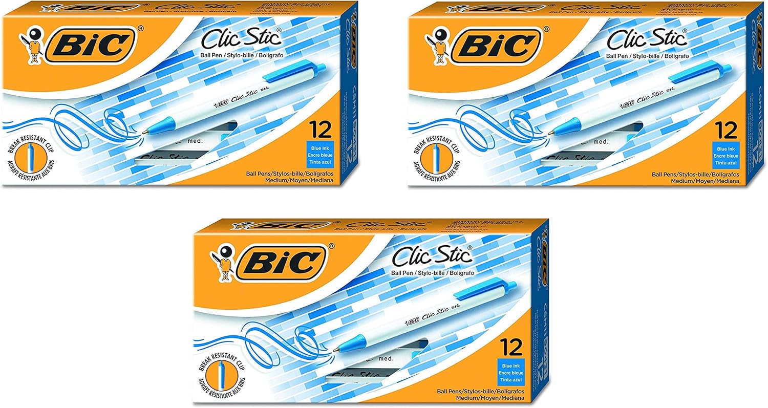 BIC CSM11-BLU Clic Stic Retractable Ball Pen, Medium Point (1.0 mm), Blue Ink, 3-Pack, 36-Count