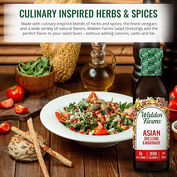 Walden Farms Asian Dressing & Marinade Calorie-Free, Gluten-Free, Low Carb, Keto-Friendly, Sugar-Free, Fat-Free, Dairy-Free Zesty Asian Flavor 12 oz Bottle