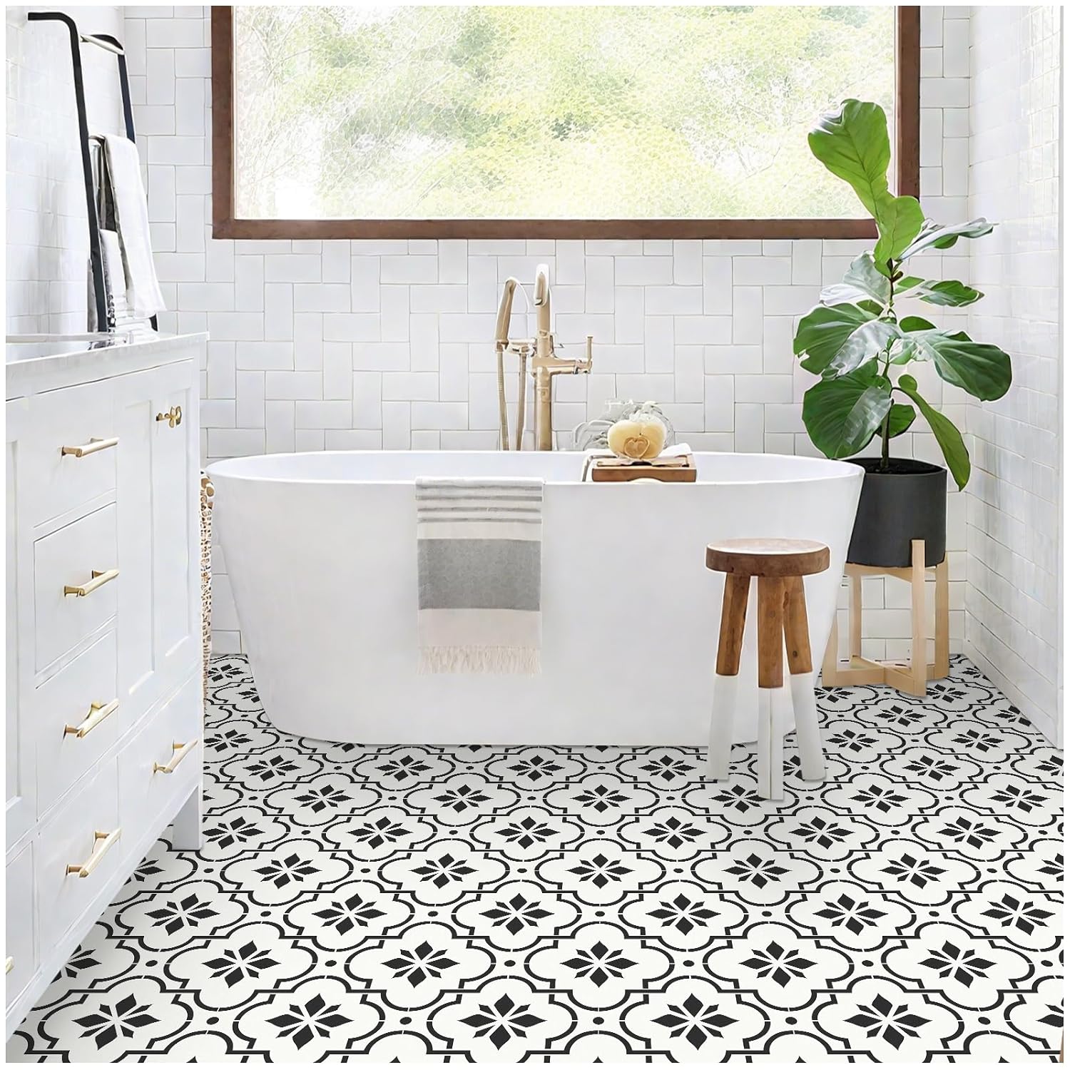 MORCART Peel and Stick Floor Tile, 20-Pack 7.87" x 7.87" Matte Vinyl Floor, Self Adhesive Waterproof Flooring DIY for Renter, Removable Tile Sticker for Bathroom, Kitchen, Bedroom, Wall (Black Flower)