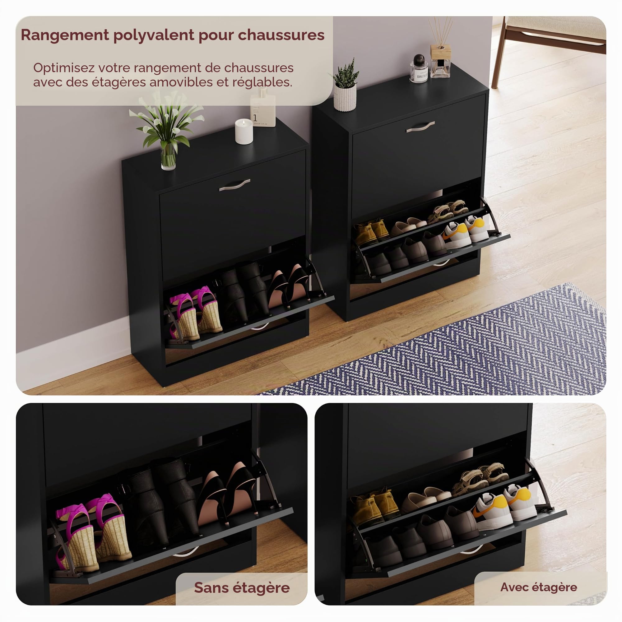 Vida Designs Armoire à Chaussures à 2 tiroirs, Organiseur de Rangement pour Chaussures, Meuble en Bois extractible, Noir | H 80 x L 60 x P 24 cm Environ