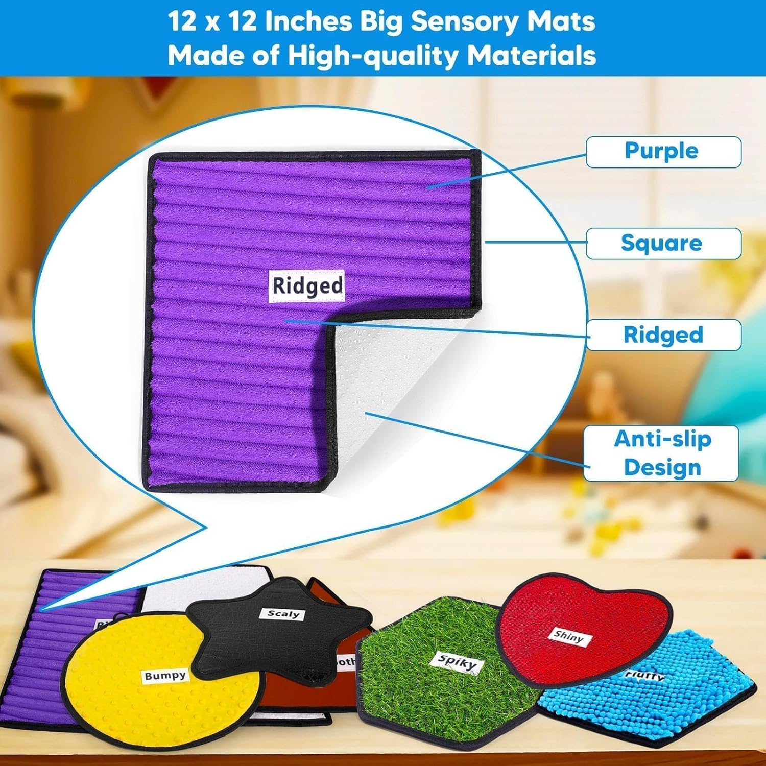 garybank labeled sensory mats w/therapy games for autistic kids, 8 pcs texture mats w/48 game cards, autism kids sensory toys, special education classroom must haves, sensory tile for calm down corner