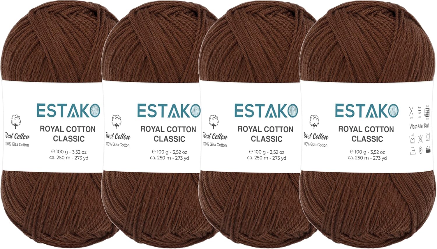 Estako Royal Cotton Classic, (4 Skeins Pack) 100% Giza Cotton Yarn, Soft, Super Fino for Crochet and Knitting (4 x 3.52 Oz) / (4 x 273 Yrds) (4085 - Brown)